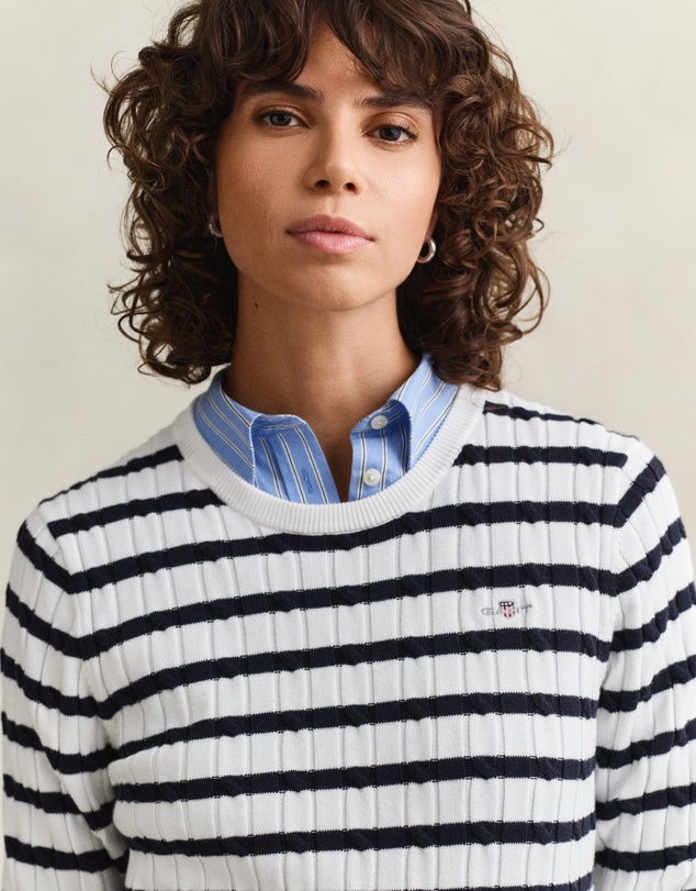 Gant - Stretch Cotton Cable Stripe Crew Neck Sweater