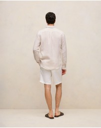 Trenery - Regular Fit Linen Bengal Stripe Shirt in Sand