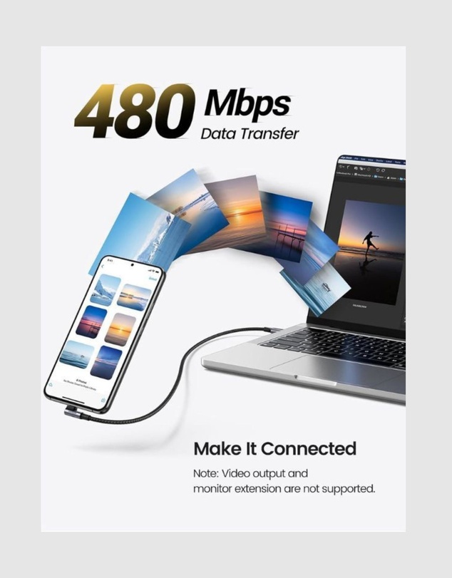 Ugreen - UGREEN 90 Degree Angle USB-C Male to USB-C Male 100W Braided Cable 3m