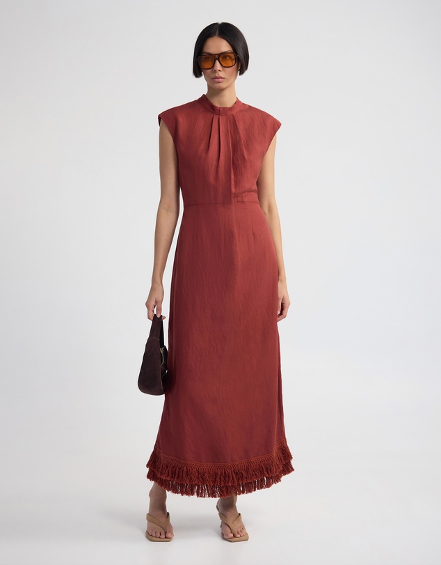 Oxford - Ingrid Fringe Trim Linen Blend Dress