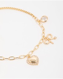 Lovisa - Gold Plated Brass Cubic Zirconia Heart & Bow Charm Toggle Bracelet