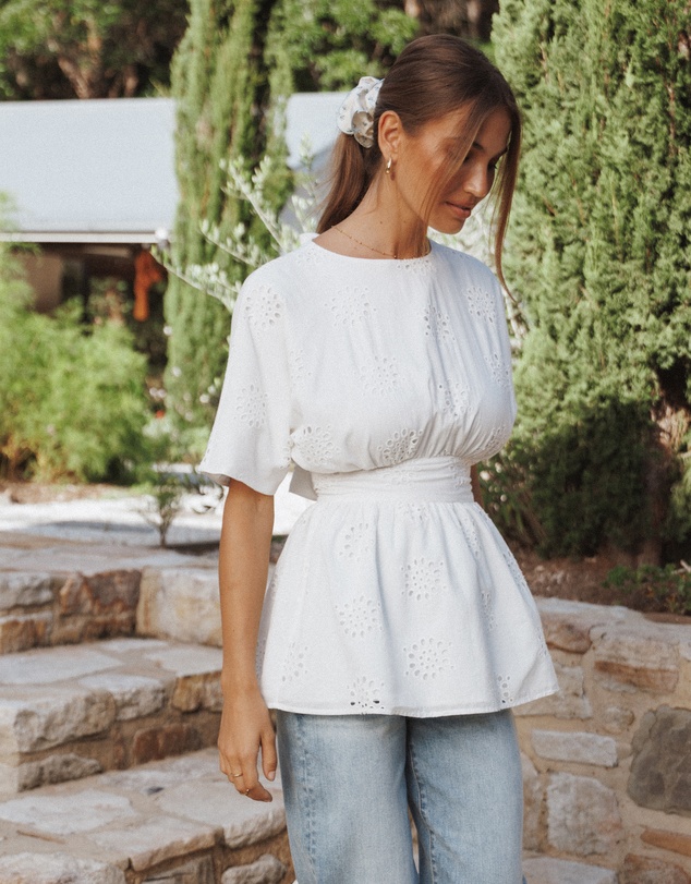 Petal & Pup - Carmel Tie Back Tunic Top - White Embroidery