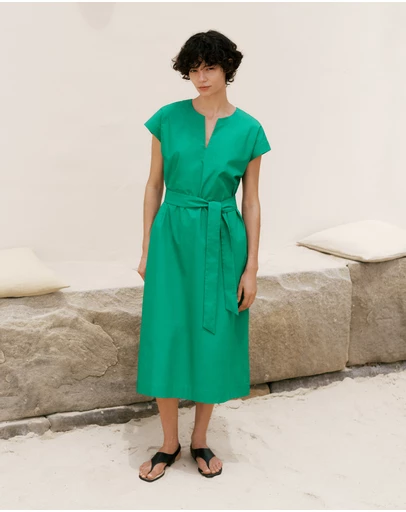 Trenery - Cotton Poplin Cap Sleeve Belted Dress in True Green