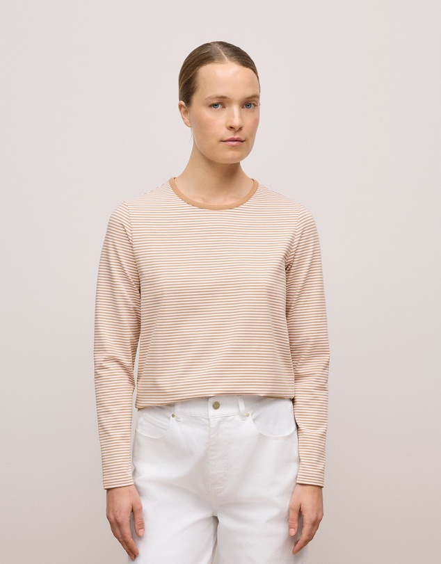 Trenery - Brushed Cotton Stripe Long Sleeve T-shirt in Camel