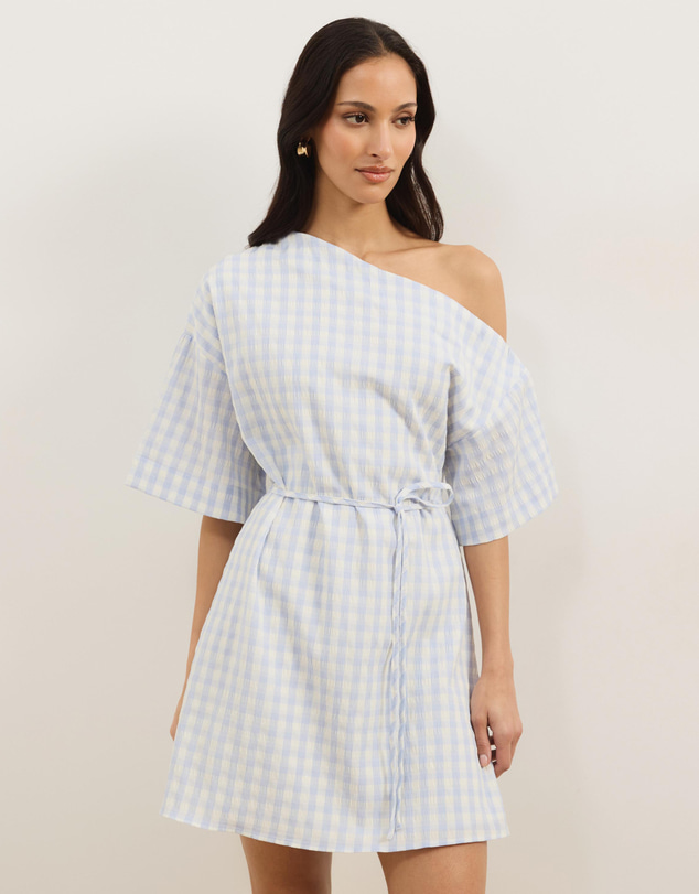 Atmos&Here - Olive Off Shoulder Gingham Mini Dress With Tie Waist