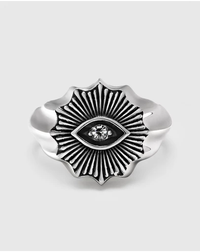 Nialaya Jewellery - Men's Vintage Evil Eye Ring with Clear Crystal