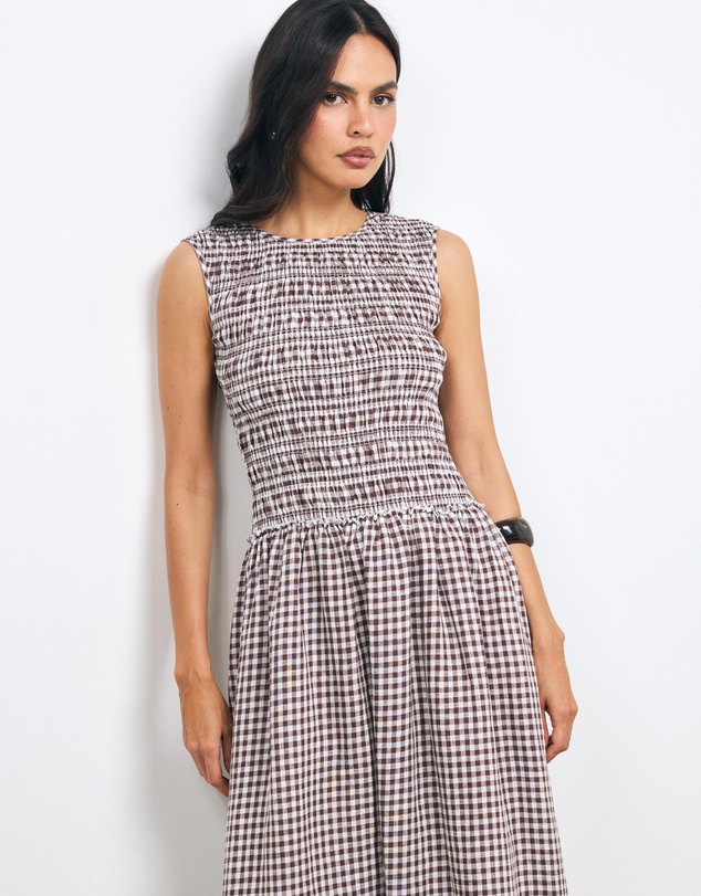 AERE - Inka Linen Gingham Shirred Maxi Dress