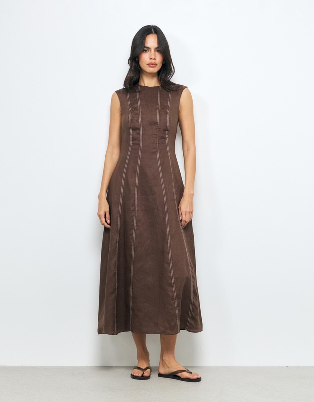 AERE - Eden Contrast Stitch Linen Midi Dress