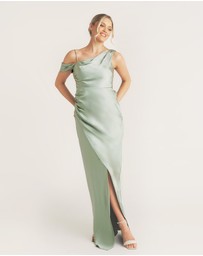 Six Stories - Asymmetrical Bardot Strap Satin Bridesmaid Dress