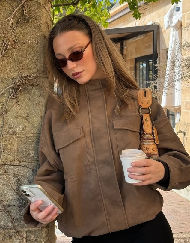Beginning Boutique - Sapna Brown Oversized Funnel Neck Suedette Jacket
