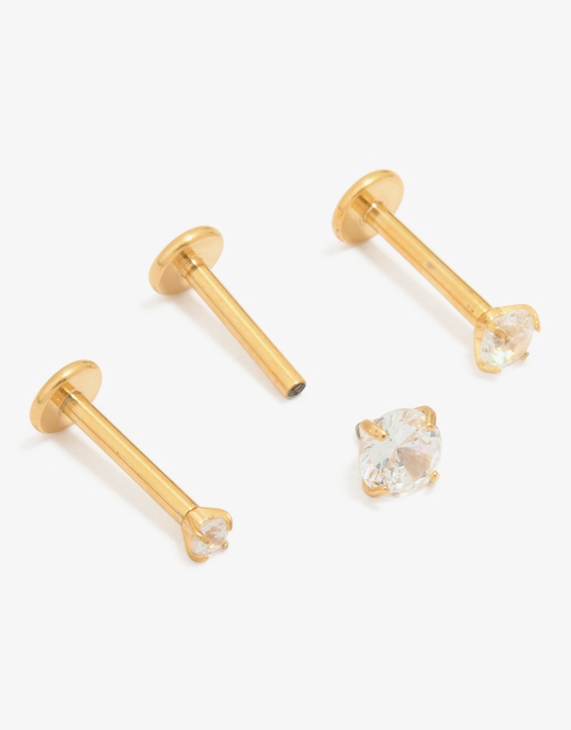 Lovisa - Gold Plated Titanium Cubic Zirconia & Plain Flat Back Studs 3-Pack