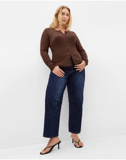 City Chic - Plus size Button Through Knit Top - chocolate