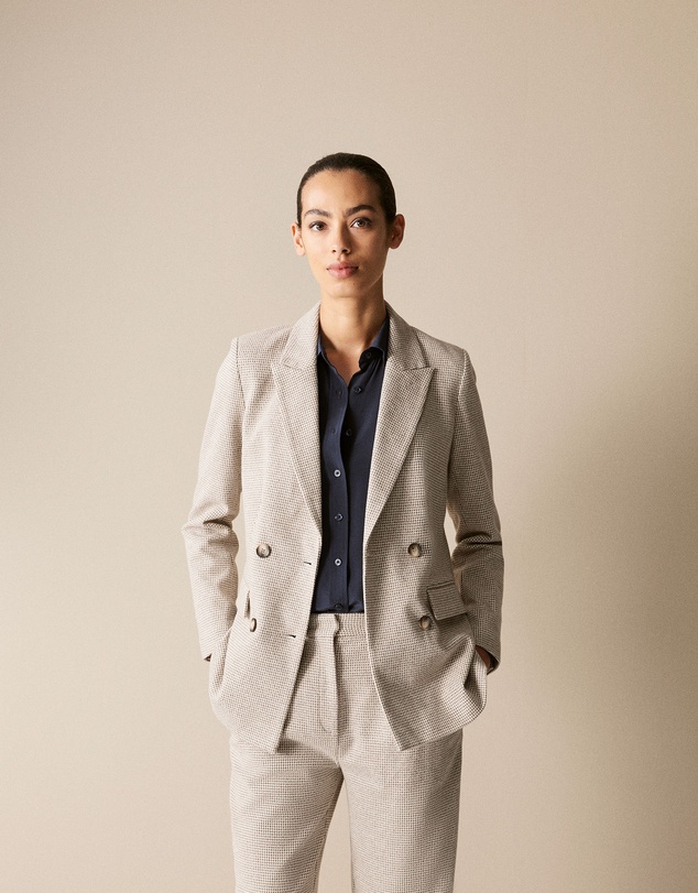 Trenery - Cotton Blend Puppytooth Ponte Blazer in Natural Marle