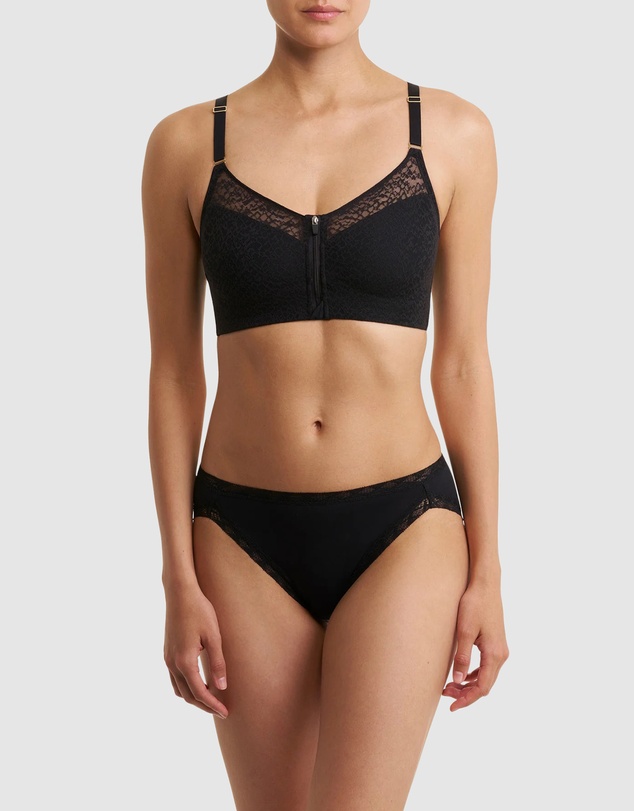 Natori - Pretty Smooth Zip Front Pocketed Post-Surgery Bra With Cotton & Lace