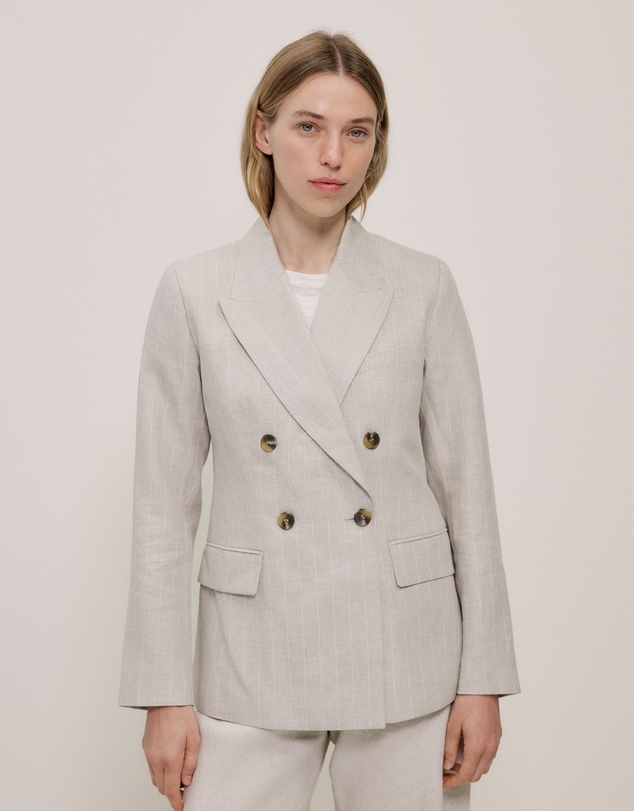 Trenery - Linen Stripe Double Breasted Blazer in Flax
