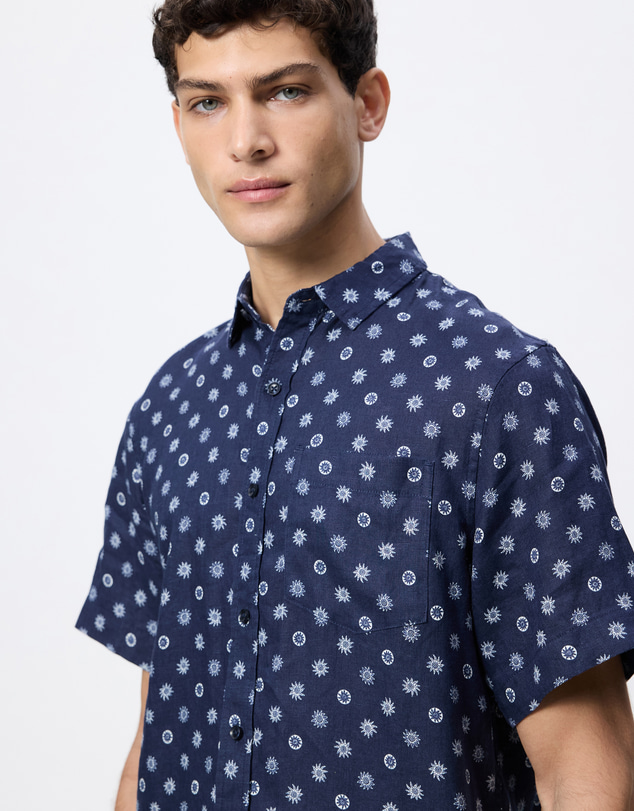 Scotch & Soda - Printed Linen Regular Fit Short Sleeve Shirt