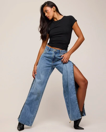 ONE TEASPOON - Low Riders Low Waist Wide Leg Zipped Denim Jeans - Pretty Blue