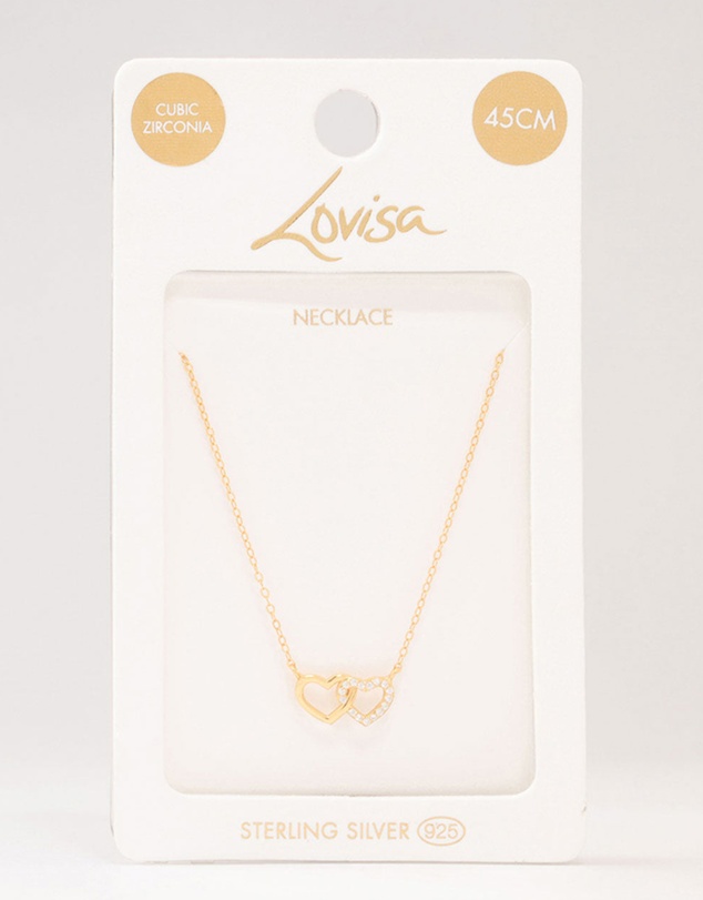Lovisa - Gold Plated Sterling Silver Double Heart Cubic Zirconia Necklace