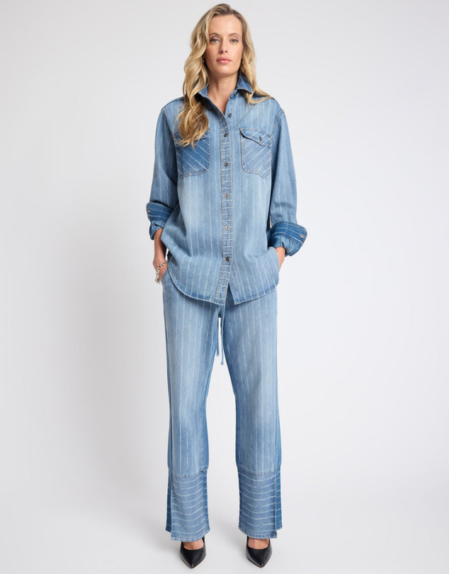 ONE TEASPOON - Roadhouse Mid Waist Wide Leg Drawstring Denim Jeans - Blue Stripe