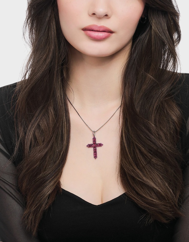 THOMAS SABO - Blackened cross pendant with ruby red stones