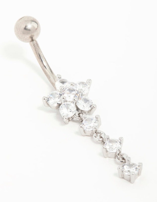 Lovisa - Titanium Flower Cubic Zirconia Drop Belly Bar