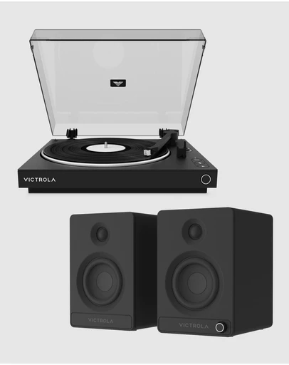 Victrola - Victrola Automatic Turntable + Victrola Tempo Bookshelf Speakers Bundle - Black