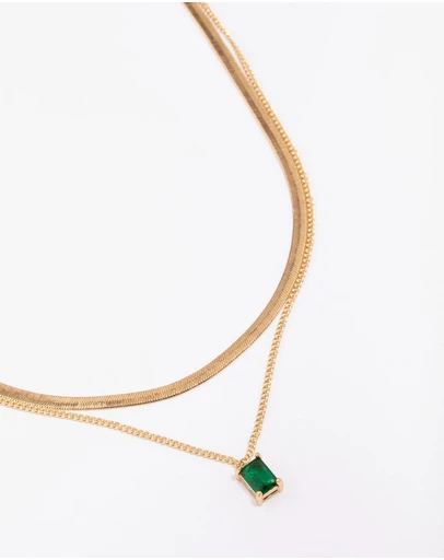 Lovisa - Gold Plated Baguette Snake Emerald Layered Necklace
