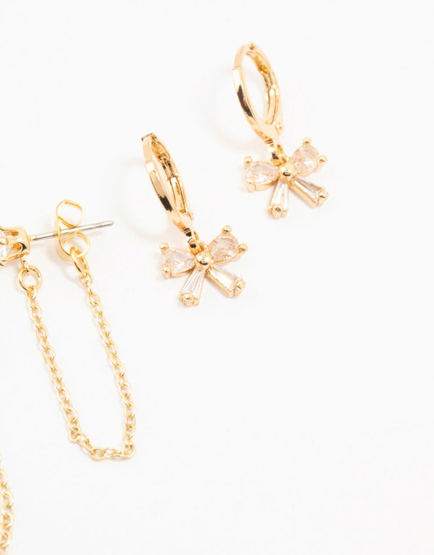 Lovisa - Gold Plated Brass Heart Bow Chain Earrings 4-Pack