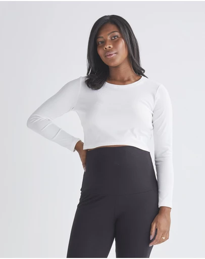 Angel Maternity - Celia Maternity Long Sleeve Cotton Crop Tee - White