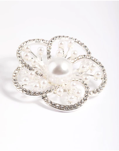 Lovisa - Silver Diamante Pearl Flower Brooch