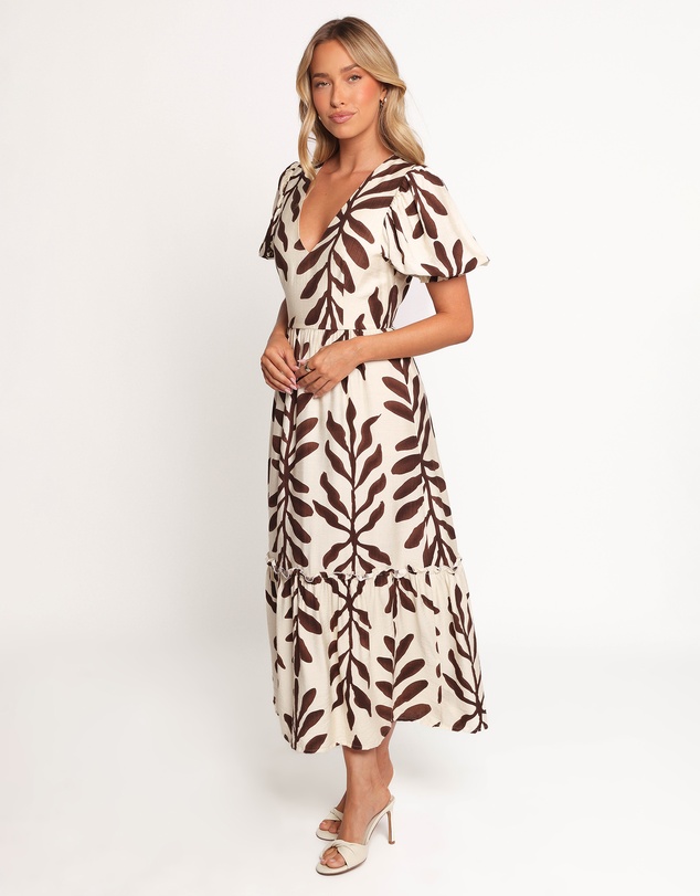 Petal & Pup - Steele Puff Sleeve Midi Dress - Brown Palm