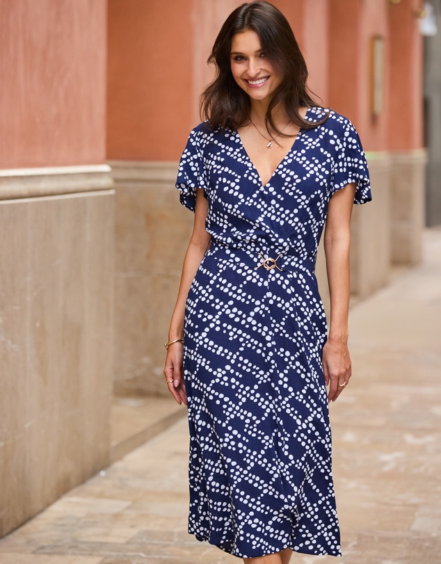Sosandar - Spot Print Flutter Sleeve Belted Fit & Flare Dress