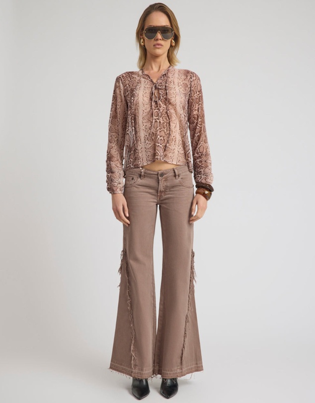 ONE TEASPOON - Brandy Sheer Chiffon Keyhole Long Sleeve Top - Cognac Snake