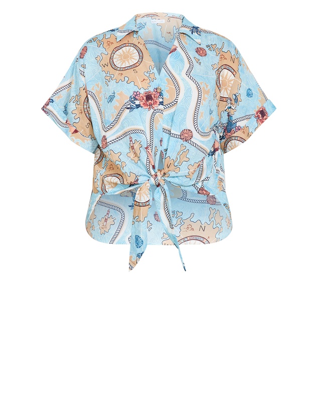 City Chic - Plus size Postcard Voyage Print Shirt - sky blue
