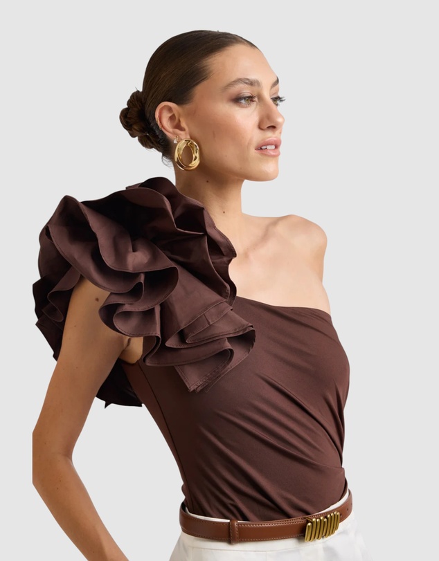 Honey and Beau - Lorena One Shoulder Ruffle Bodysuit