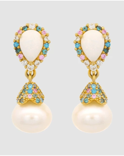 Georgini - GEORGINI WISTERIA CREATED OPAL AND PEARL CASCADE EARRINGS GOLD