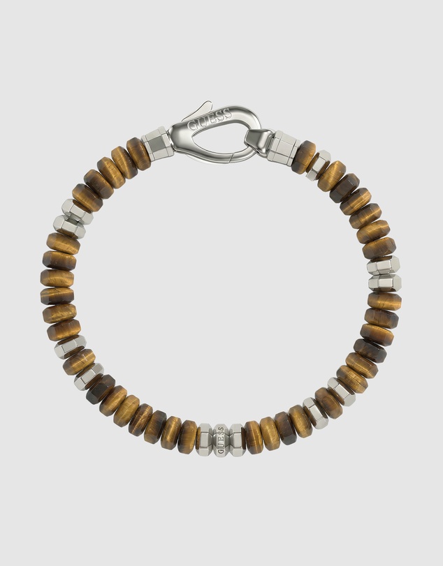 GUESS - GUESS Mens Yellow Tiger Eye Stones 6mm Exagonal Beads Bracelet