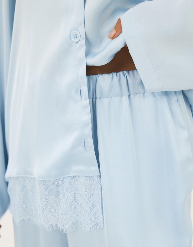 Atmos&Here - Pearl Lace Trim Long Sleeve Satin Pyjama Set
