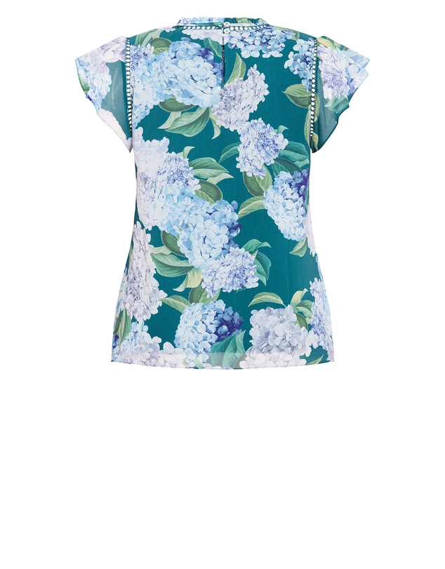 City Chic - Plus size Lexi Hydrangea Print Short Sleeve Top - jade