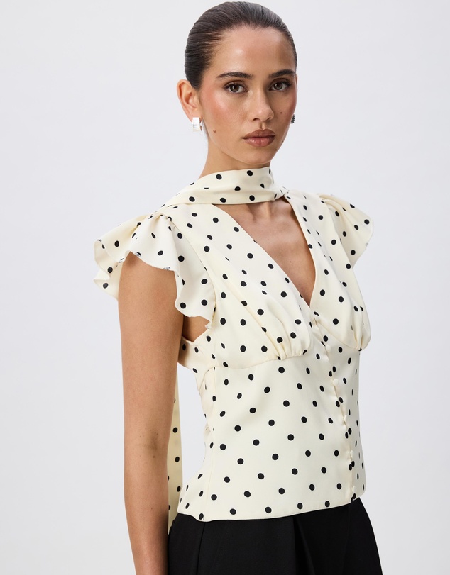 Tussah - Athena Polka Dot Satin Flutter Sleeve Blouse With Neck Scarf