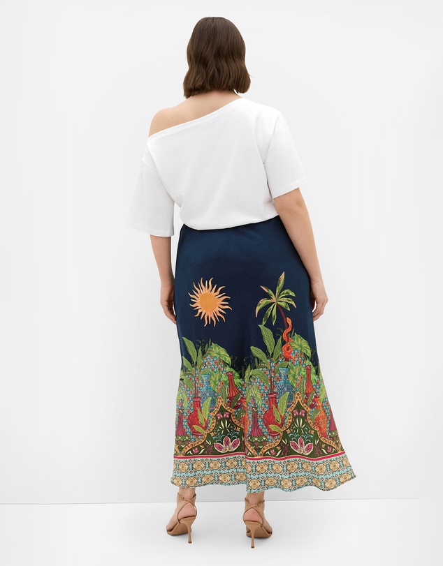 City Chic - Plus size Fools Paradise Print Midi Skirt - alpine navy