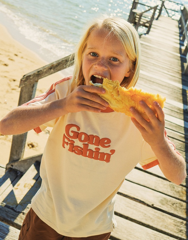 Skwosh - Gone Fishin Kids Boxy Ringer Tee in Off White