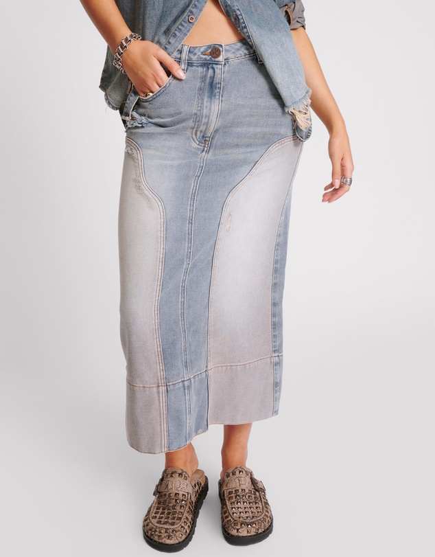 ONE TEASPOON - Cassidy Mid Waist Long Denim Column Denim Skirt - Dirty Blue