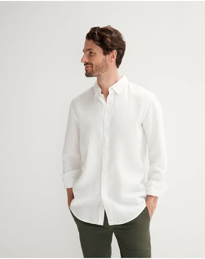 Trenery - Tailored Fit Linen Piece Dyed Long Sleeve Shirt in White