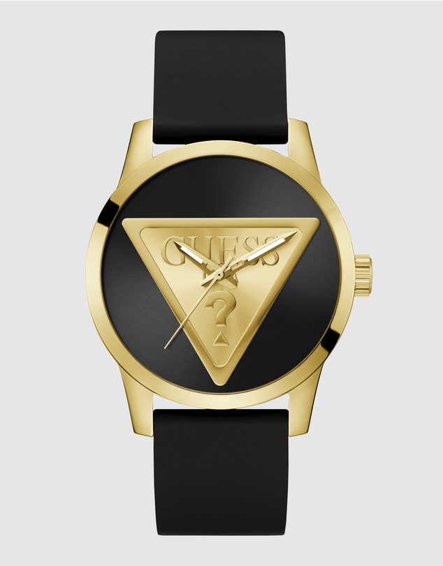 GUESS - Guess Triangle Men's 44mm Black Dial Gold-Tone Case and Black Leather Strap