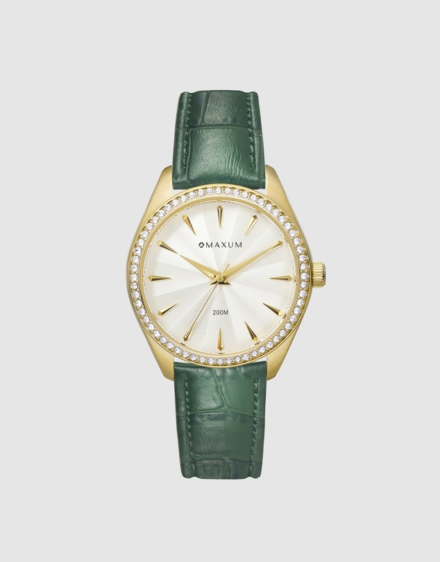 Maxum - Sydney - White Dial, Gold Tone Case & Green Leather Band
