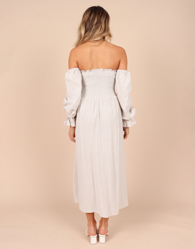 Petal & Pup - Domenica Shirred Long Sleeve Midi Dress - Beige Stripe