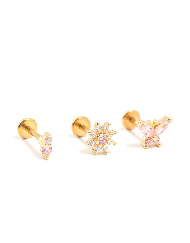 Lovisa - Gold Plated Surgical Steel Butterfly & Flower Flat Backs 3-Pack