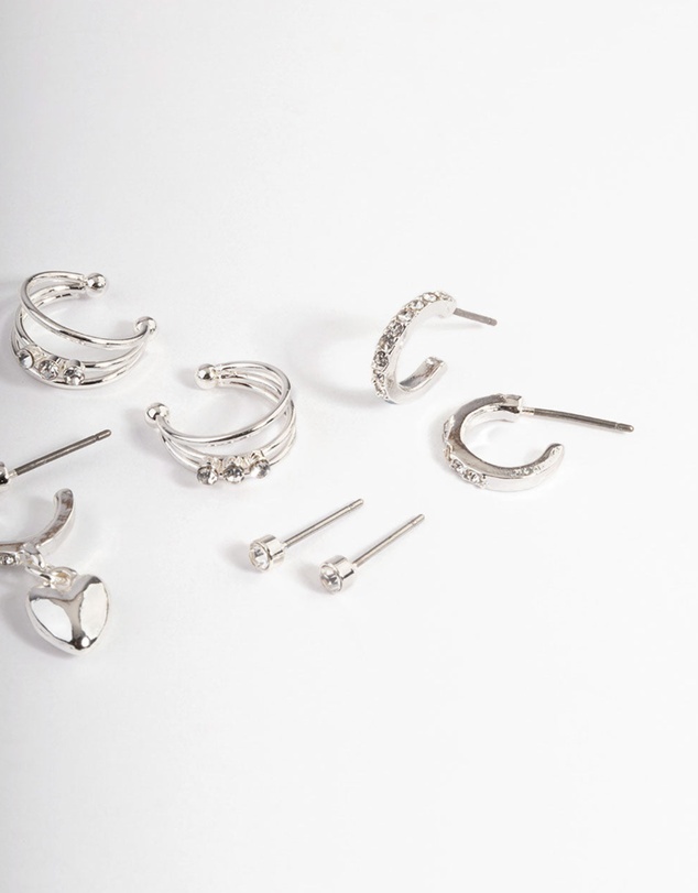 Lovisa - Silver Crystal Puffed Heart Earrings 4-Pack