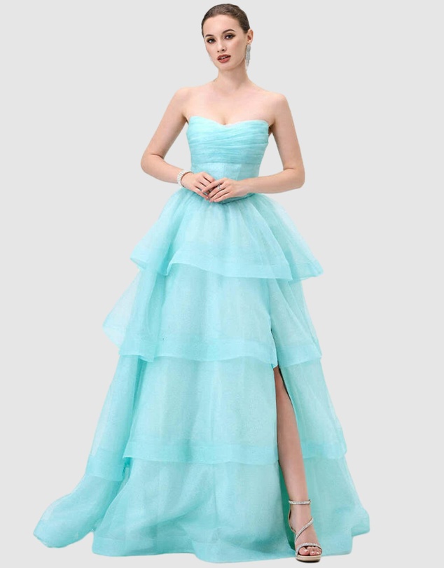 Bariano - Mint Tiff Strapless Tiered Ball Gown